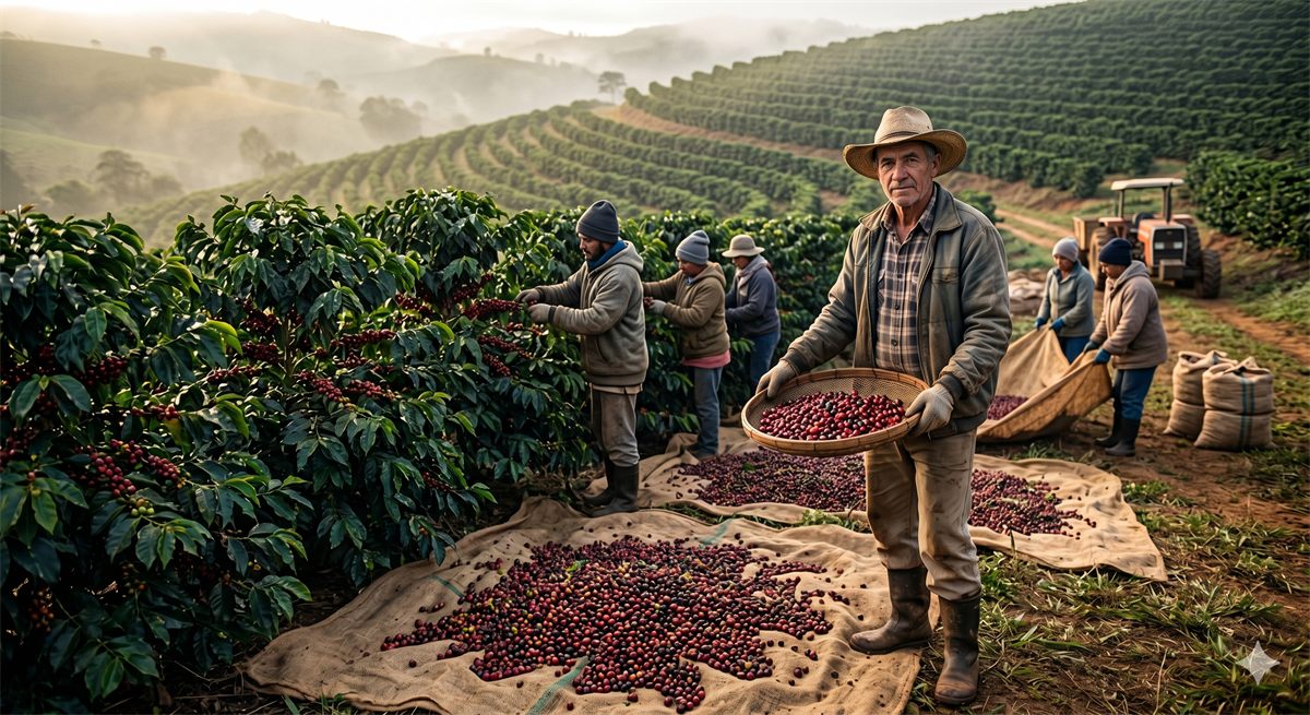 Colheita de café no pano, em manhã de neblina
